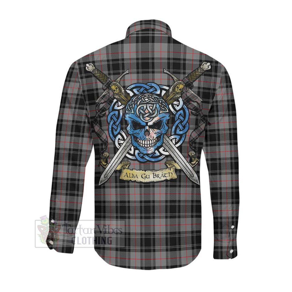 Tartan Vibes Clothing Moffat Tartan Long Sleeve Button Shirt with Family Crest Celtic Skull Style