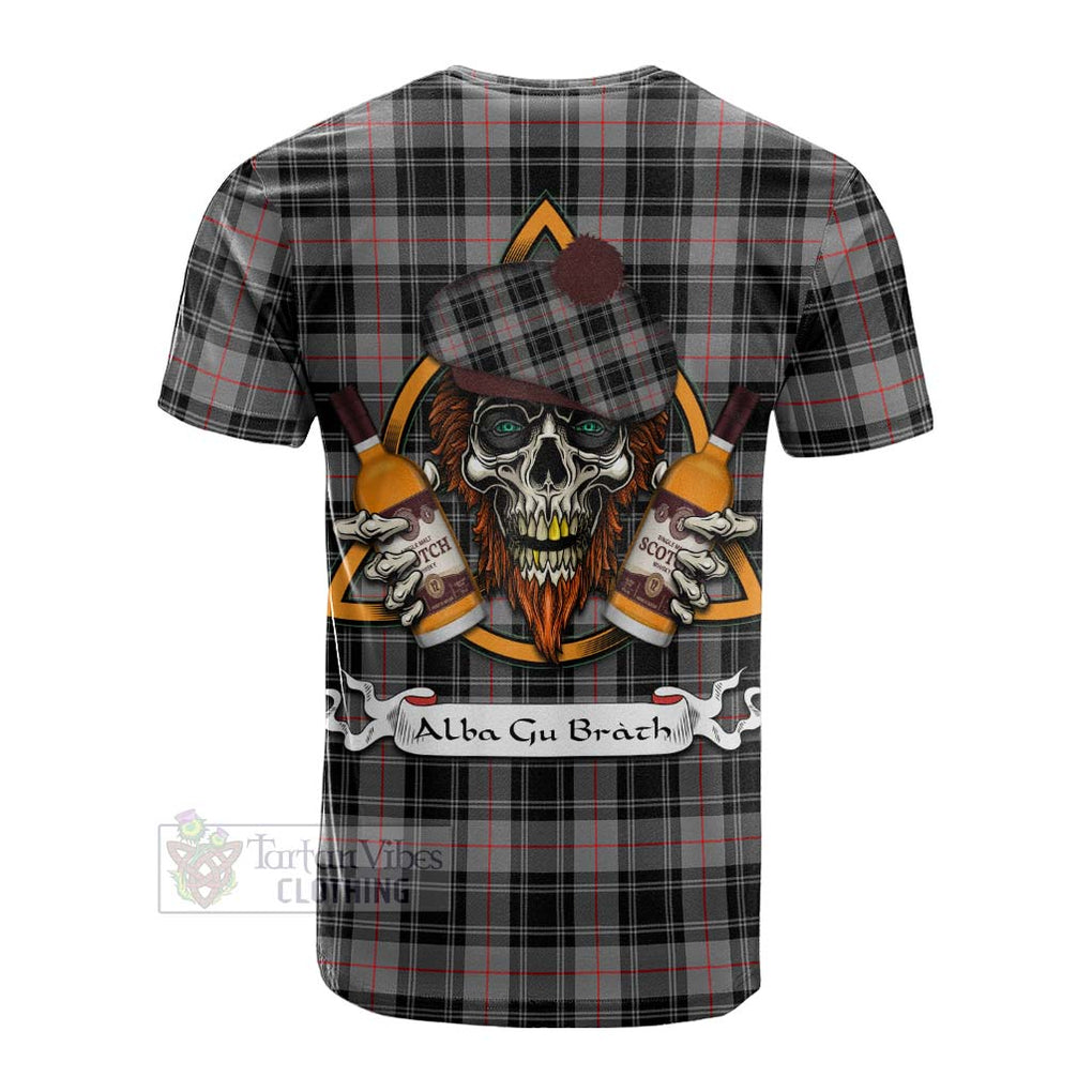 Tartan Vibes Clothing Moffat Tartan Cotton T-shirt with Family Crest and Bearded Skull Holding Bottles of Whiskey