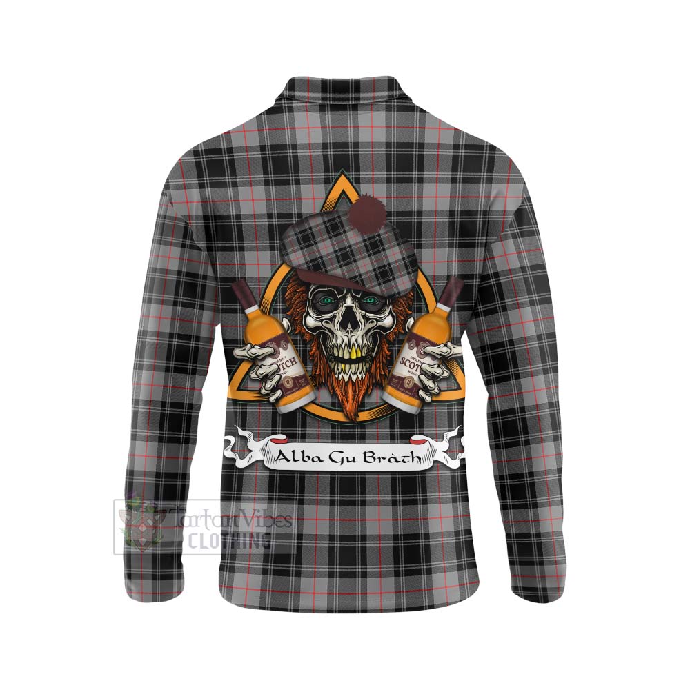 Tartan Vibes Clothing Moffat Tartan Long Sleeve Polo Shirt with Family Crest and Bearded Skull Holding Bottles of Whiskey