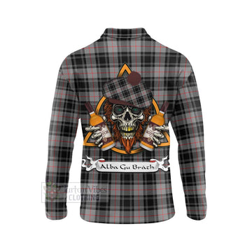 Moffat Tartan Long Sleeve Polo Shirt with Family Crest and Bearded Skull Holding Bottles of Whiskey