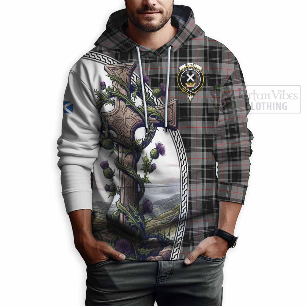 Tartan Vibes Clothing Moffat Tartan Hoodie with Family Crest and St. Andrew's Cross Accented by Thistle Vines