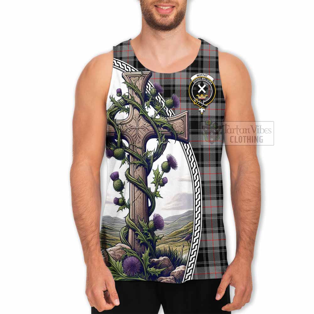 Tartan Vibes Clothing Moffat Tartan Men's Tank Top with Family Crest and St. Andrew's Cross Accented by Thistle Vines