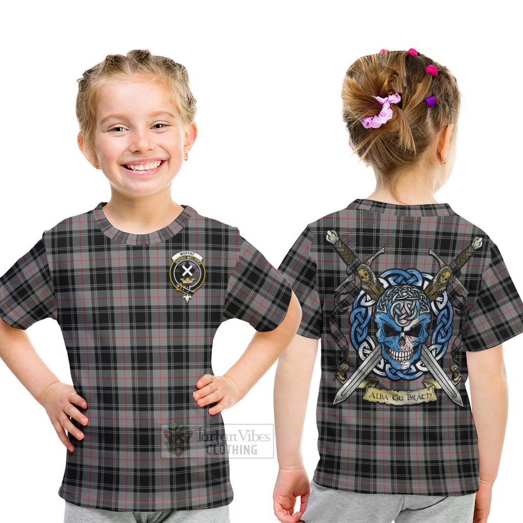 Tartan Vibes Clothing Moffat Tartan Kid T-Shirt with Family Crest Celtic Skull Style