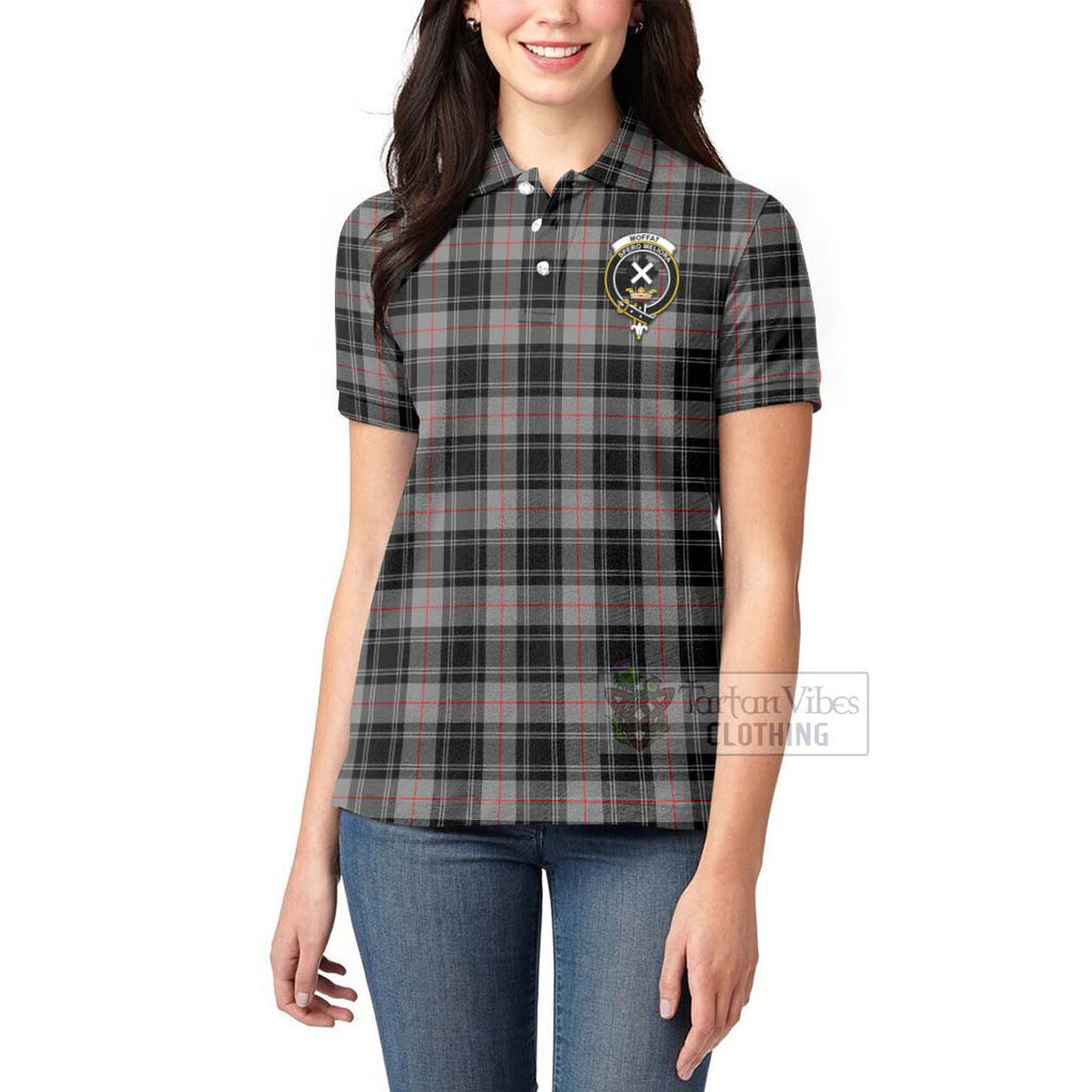 Tartan Vibes Clothing Moffat Tartan Women's Polo Shirt with Family Crest and Bearded Skull Holding Bottles of Whiskey