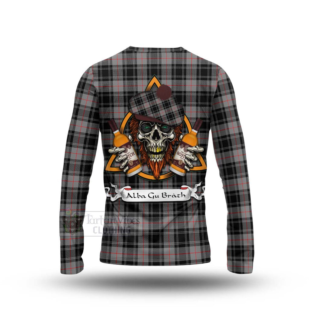 Tartan Vibes Clothing Moffat Tartan Long Sleeve T-Shirt with Family Crest and Bearded Skull Holding Bottles of Whiskey