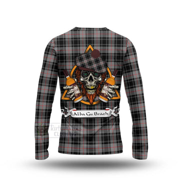 Moffat Tartan Long Sleeve T-Shirt with Family Crest and Bearded Skull Holding Bottles of Whiskey