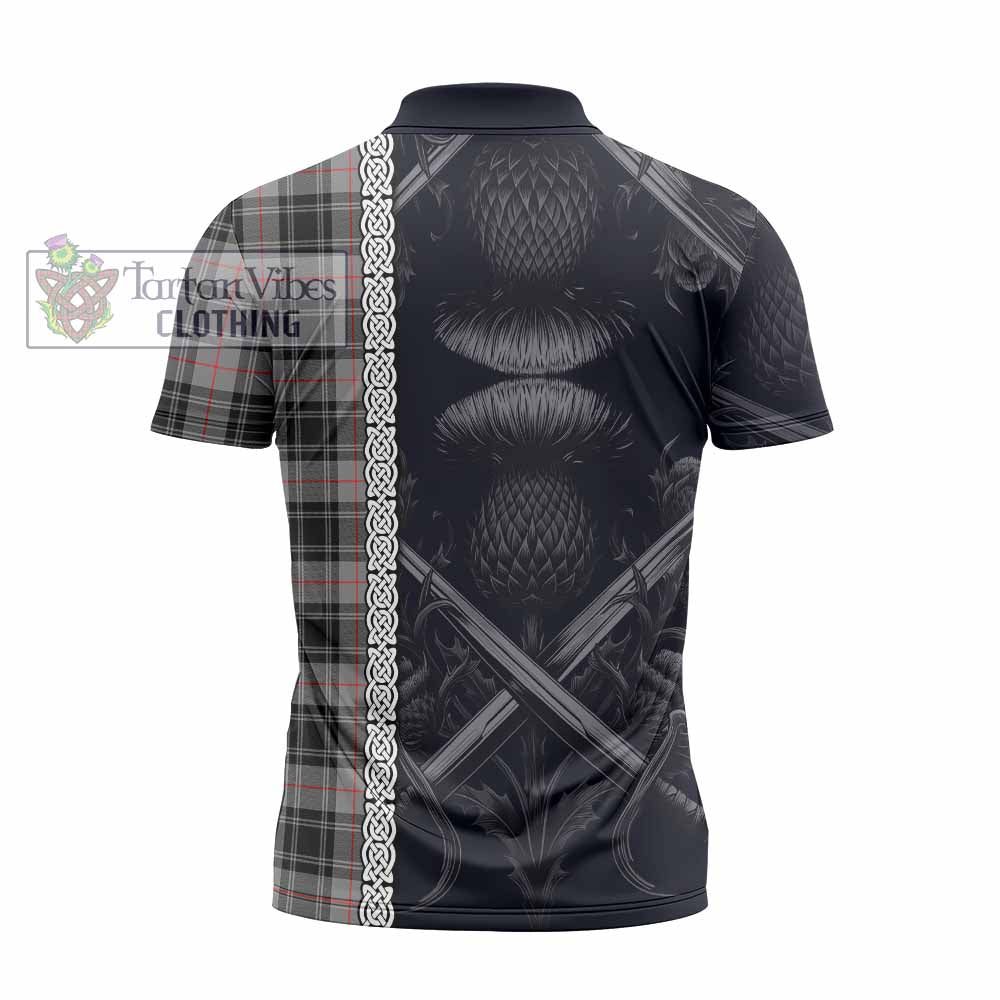 Tartan Vibes Clothing Moffat Tartan Zipper Polo Shirt with Family Crest Cross Sword Thistle Celtic Vibes