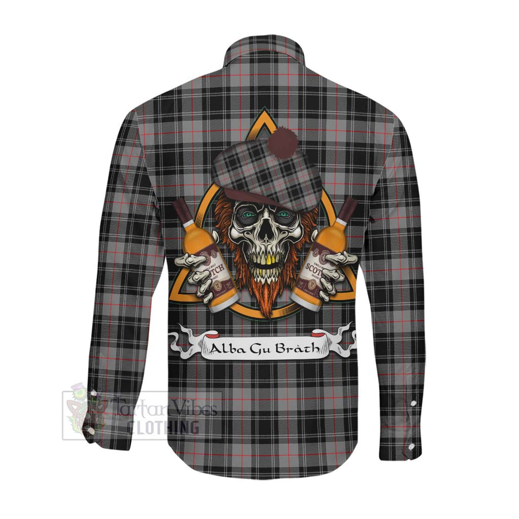 Tartan Vibes Clothing Moffat Tartan Long Sleeve Button Shirt with Family Crest and Bearded Skull Holding Bottles of Whiskey