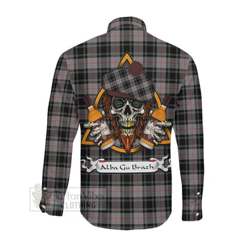 Moffat Tartan Long Sleeve Button Shirt with Family Crest and Bearded Skull Holding Bottles of Whiskey