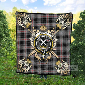 Moffat Tartan Quilt with Family Crest and Golden Thistle Crossed Sword Design