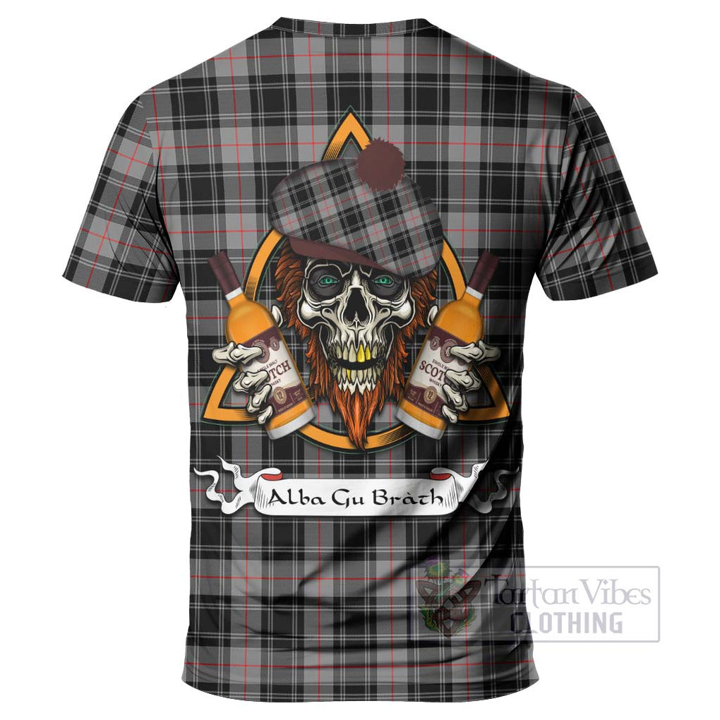 Tartan Vibes Clothing Moffat Tartan T-Shirt with Family Crest and Bearded Skull Holding Bottles of Whiskey