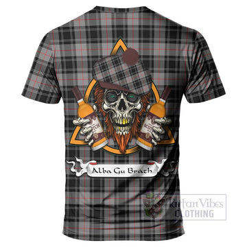 Moffat Tartan T-Shirt with Family Crest and Bearded Skull Holding Bottles of Whiskey