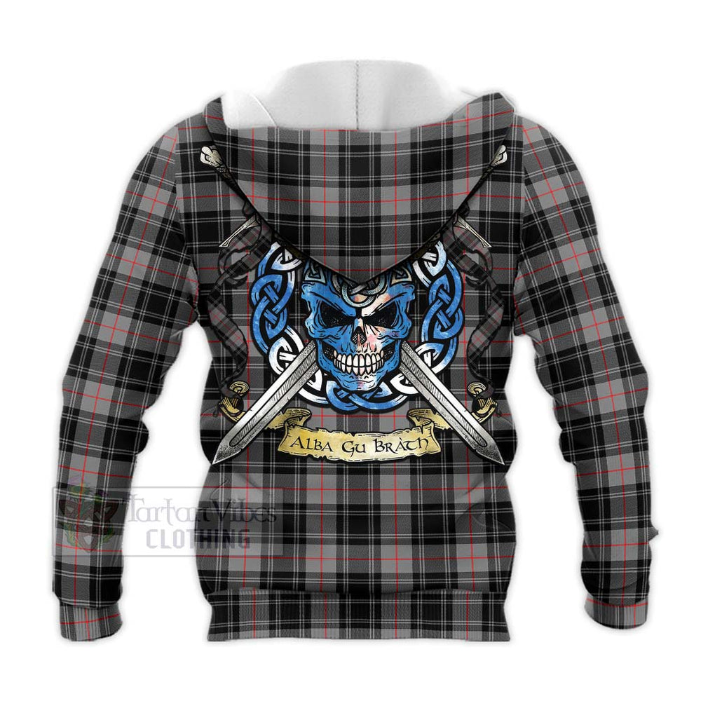 Tartan Vibes Clothing Moffat Tartan Knitted Hoodie with Family Crest Celtic Skull Style