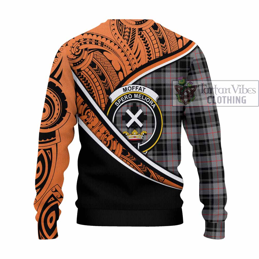 Tartan Vibes Clothing Moffat Crest Tartan Knitted Sweater with Maori Tattoo Style - Orange Version