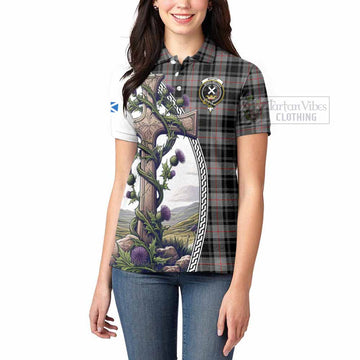 Moffat Tartan Women's Polo Shirt with Family Crest and St. Andrew's Cross Accented by Thistle Vines