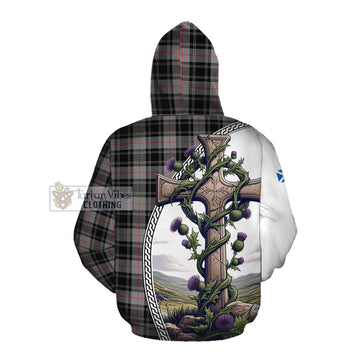 Moffat Tartan Cotton Hoodie with Family Crest and St. Andrew's Cross Accented by Thistle Vines