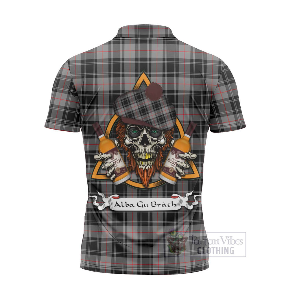 Tartan Vibes Clothing Moffat Tartan Zipper Polo Shirt with Family Crest and Bearded Skull Holding Bottles of Whiskey