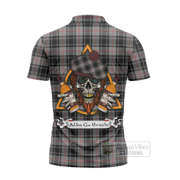 Moffat Tartan Zipper Polo Shirt with Family Crest and Bearded Skull Holding Bottles of Whiskey