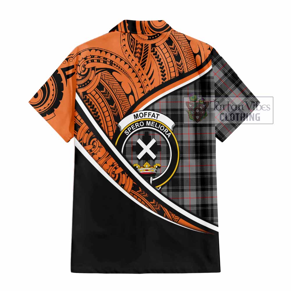 Tartan Vibes Clothing Moffat Crest Tartan Short Sleeve Button Shirt with Maori Tattoo Style - Orange Version