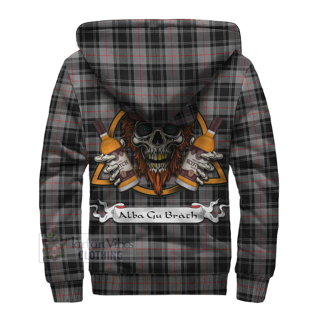 Tartan Vibes Clothing Moffat Tartan Sherpa Hoodie with Family Crest and Bearded Skull Holding Bottles of Whiskey