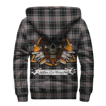 Moffat Tartan Sherpa Hoodie with Family Crest and Bearded Skull Holding Bottles of Whiskey