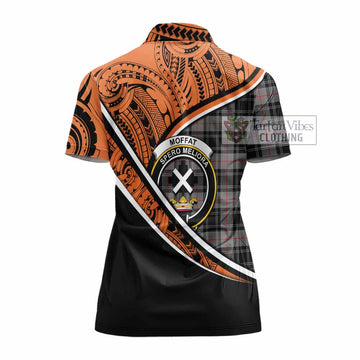 Moffat Crest Tartan Women's Polo Shirt with Polynesian Vibes Style - Orange Version