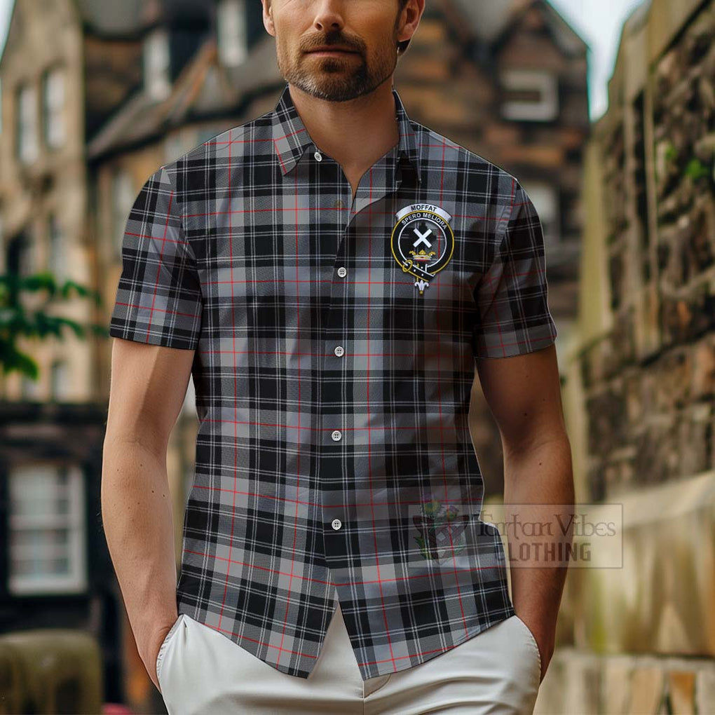 Tartan Vibes Clothing Moffat Tartan Short Sleeve Button Shirt with Family Crest and Bearded Skull Holding Bottles of Whiskey