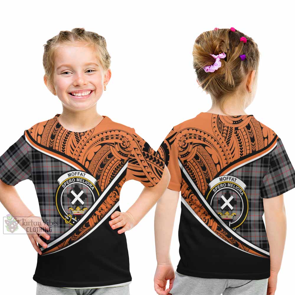 Tartan Vibes Clothing Moffat Crest Tartan Kid T-Shirt with Maori Tattoo Style - Orange Version