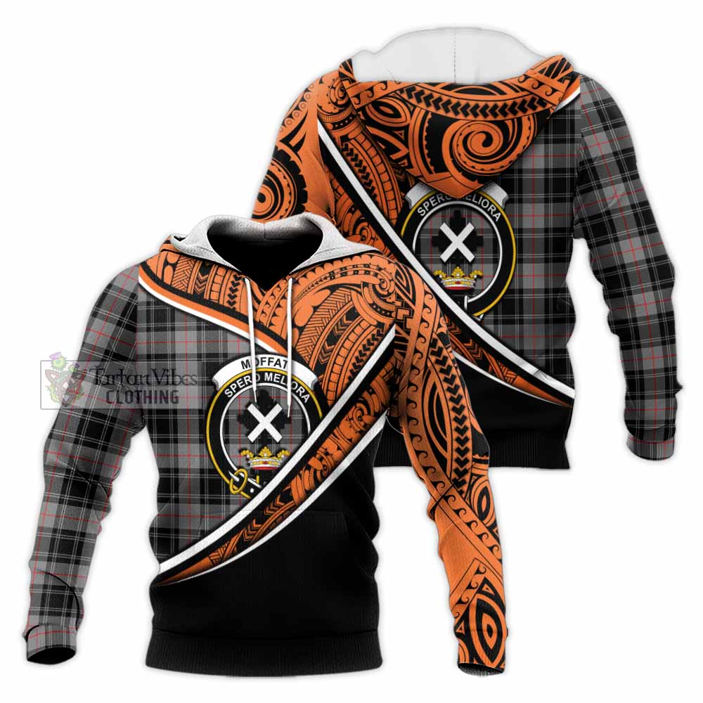 Tartan Vibes Clothing Moffat Crest Tartan Knitted Hoodie with Maori Tattoo Style - Orange Version