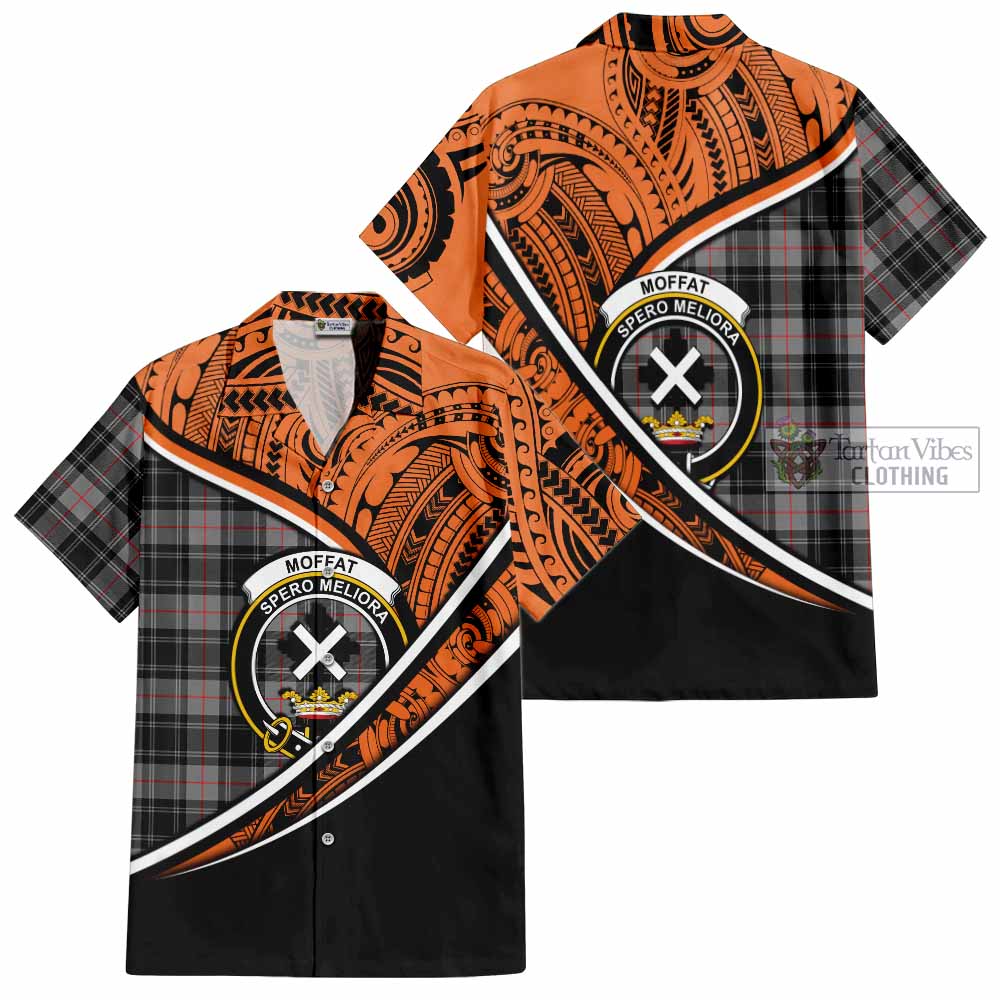 Tartan Vibes Clothing Moffat Crest Tartan Short Sleeve Button Shirt with Maori Tattoo Style - Orange Version