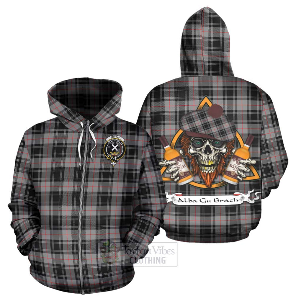 Tartan Vibes Clothing Moffat Tartan Hoodie with Family Crest and Bearded Skull Holding Bottles of Whiskey