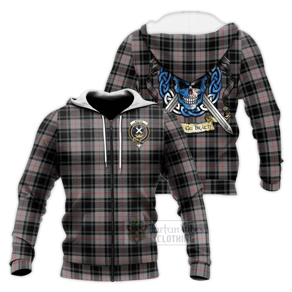 Tartan Vibes Clothing Moffat Tartan Knitted Hoodie with Family Crest Celtic Skull Style