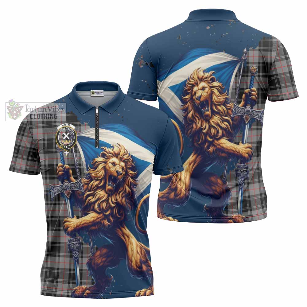 Tartan Vibes Clothing Moffat Tartan Family Crest Zipper Polo Shirt with Scottish Majestic Lion