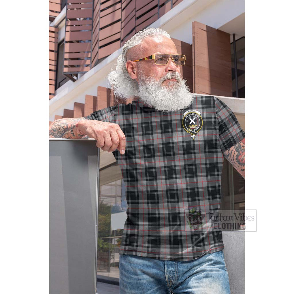 Tartan Vibes Clothing Moffat Tartan Cotton T-shirt with Family Crest and Bearded Skull Holding Bottles of Whiskey