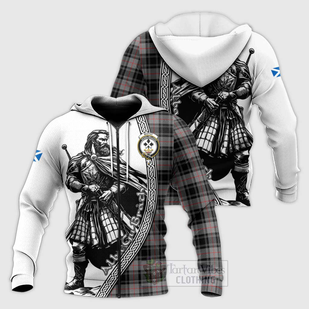 Tartan Vibes Clothing Moffat Tartan Clan Crest Knitted Hoodie with Highlander Warrior Celtic Style