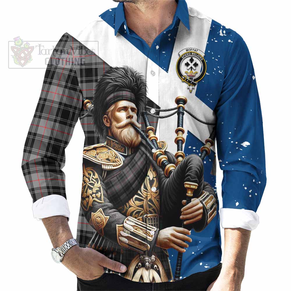 Tartan Vibes Clothing Moffat Tartan Long Sleeve Button Shirt with Family Crest Scottish Bagpiper Vibes