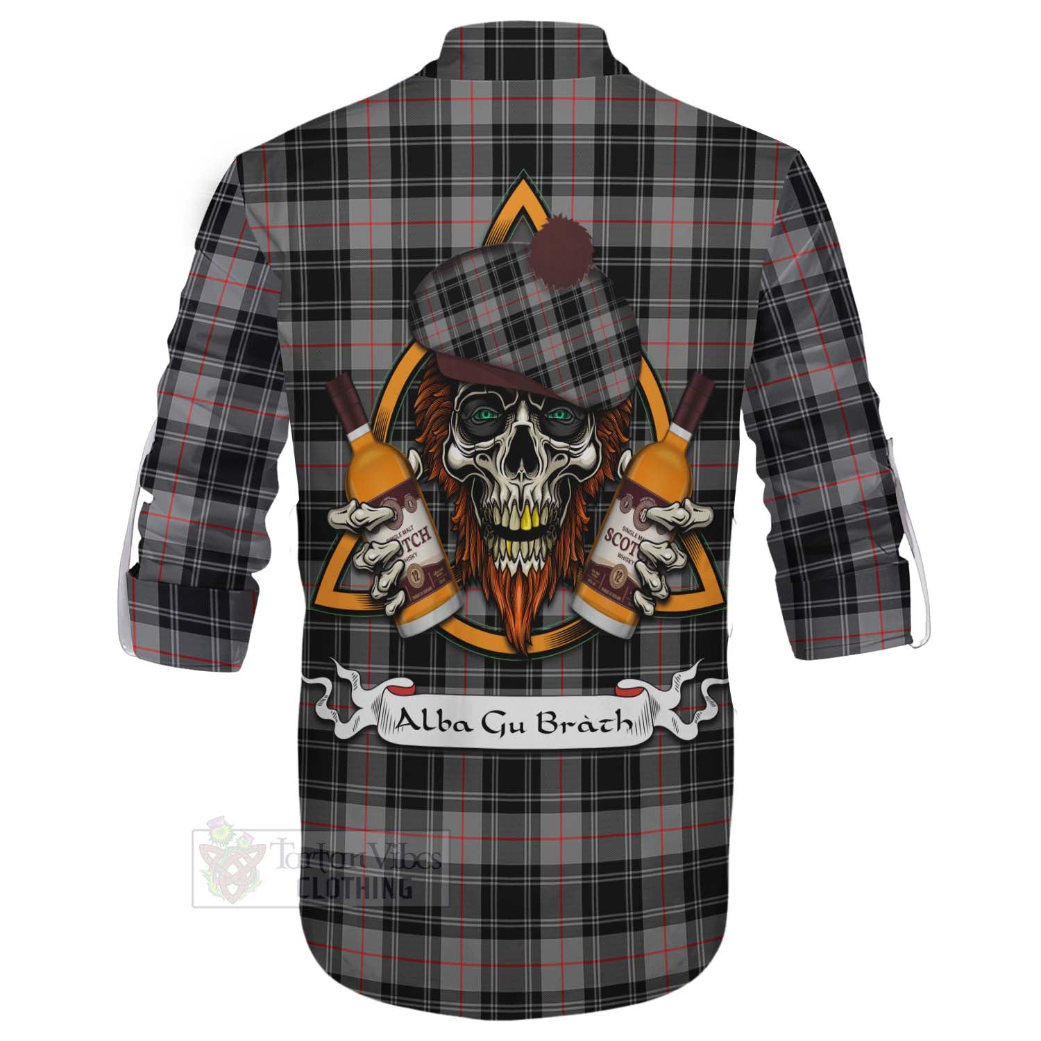 Tartan Vibes Clothing Moffat Tartan Ghillie Kilt Shirt with Family Crest and Bearded Skull Holding Bottles of Whiskey