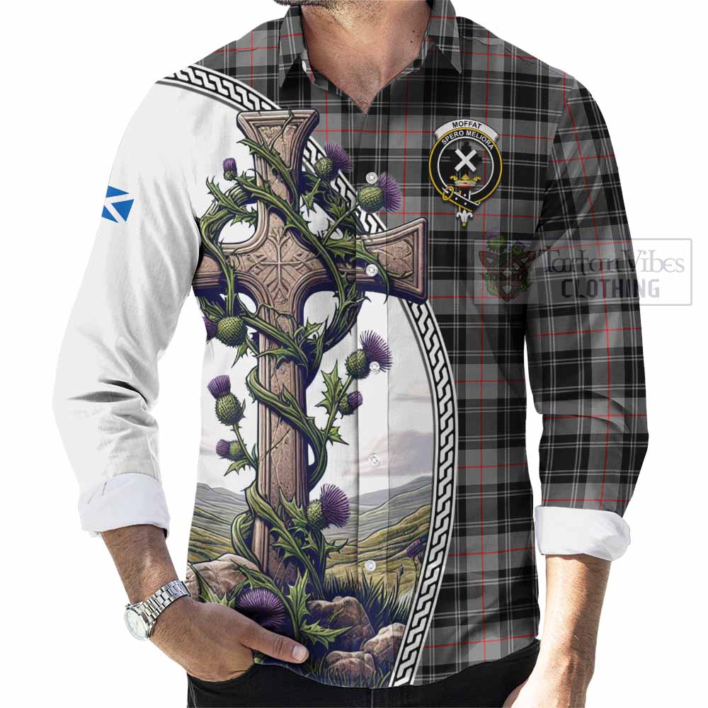 Tartan Vibes Clothing Moffat Tartan Long Sleeve Button Shirt with Family Crest and St. Andrew's Cross Accented by Thistle Vines