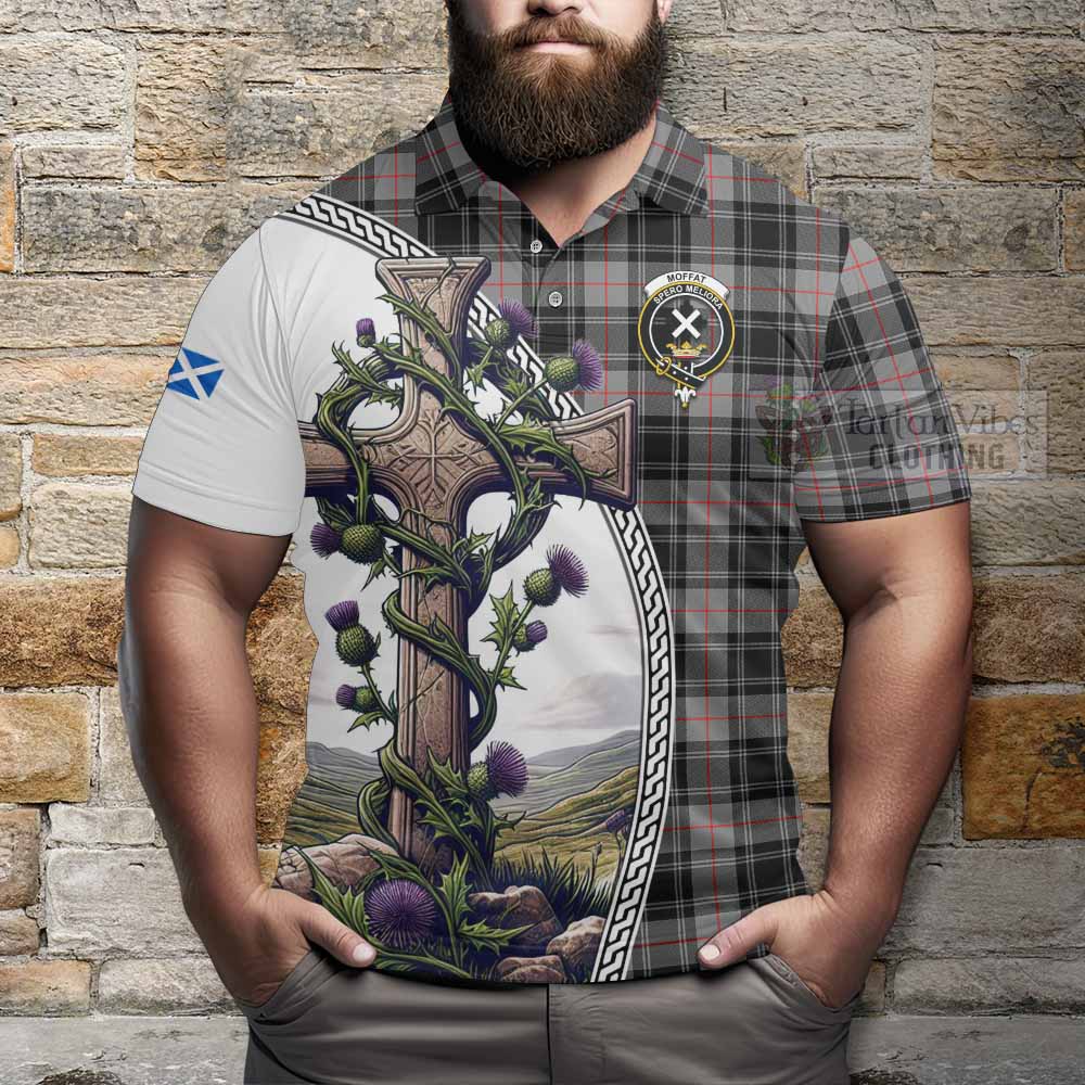 Tartan Vibes Clothing Moffat Tartan Polo Shirt with Family Crest and St. Andrew's Cross Accented by Thistle Vines