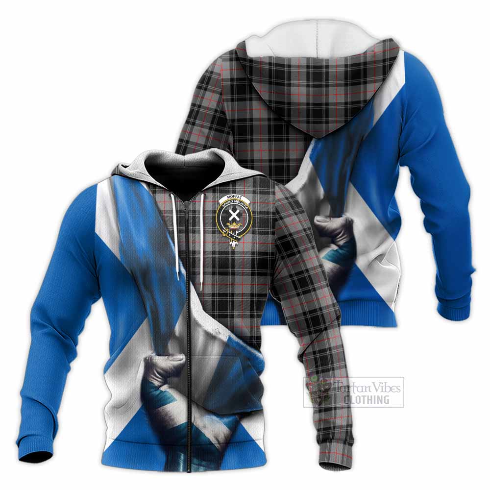 Tartan Vibes Clothing Moffat Tartan Knitted Hoodie with Family Crest Scotland Patriotic Style