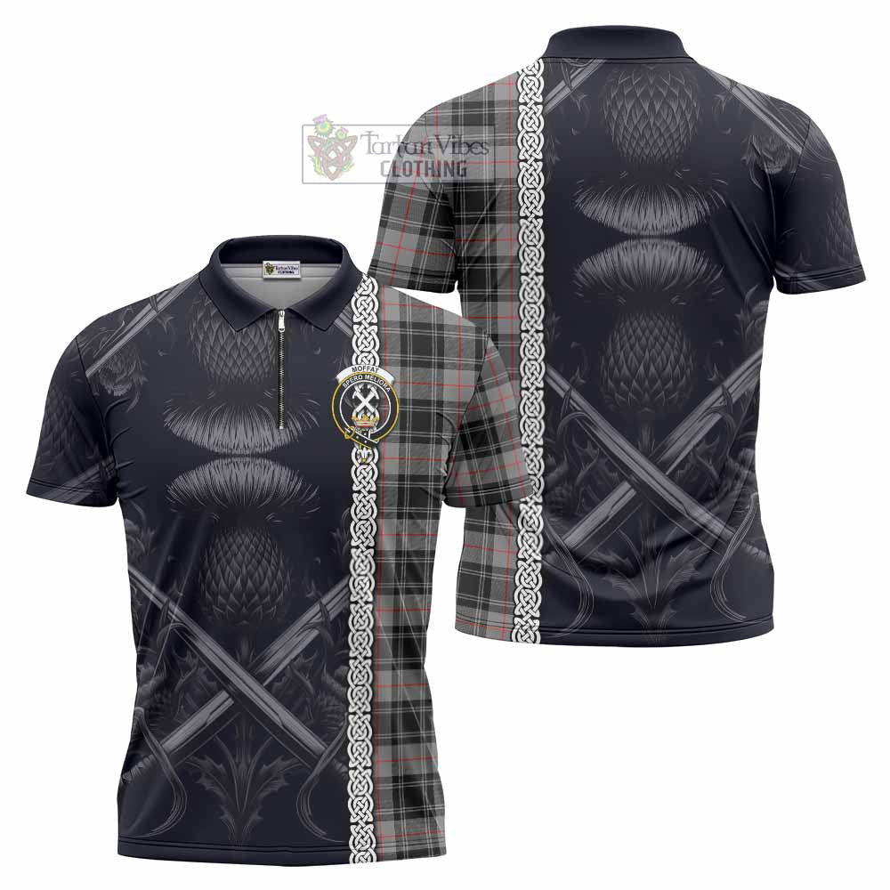 Tartan Vibes Clothing Moffat Tartan Zipper Polo Shirt with Family Crest Cross Sword Thistle Celtic Vibes