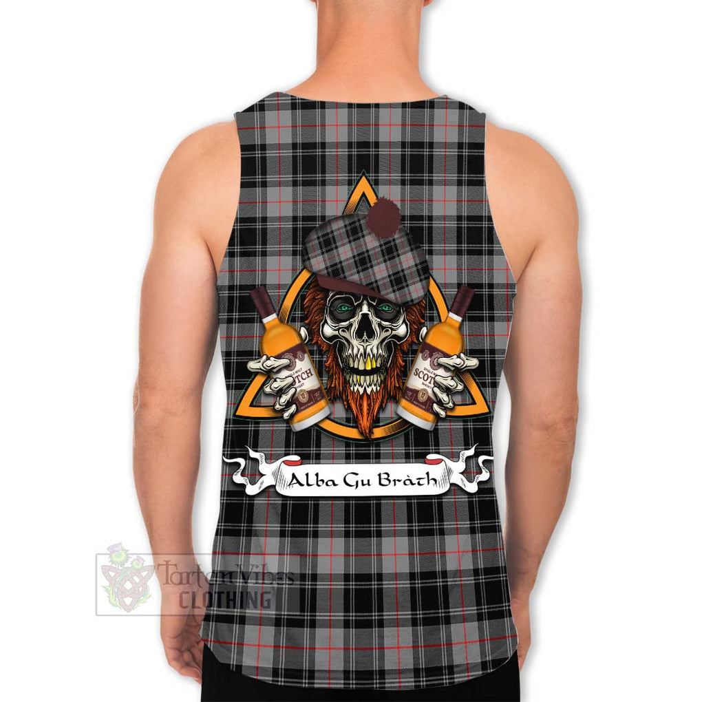 Tartan Vibes Clothing Moffat Tartan Men's Tank Top with Family Crest and Bearded Skull Holding Bottles of Whiskey