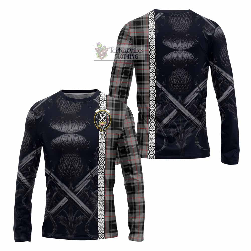 Tartan Vibes Clothing Moffat Tartan Long Sleeve T-Shirt with Family Crest Cross Sword Thistle Celtic Vibes