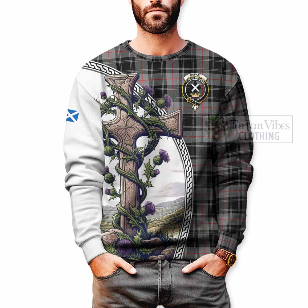 Tartan Vibes Clothing Moffat Tartan Sweatshirt with Family Crest and St. Andrew's Cross Accented by Thistle Vines