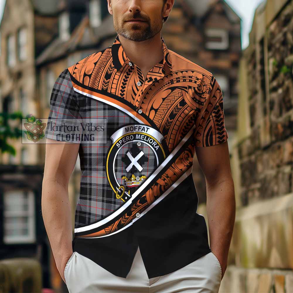 Tartan Vibes Clothing Moffat Crest Tartan Short Sleeve Button Shirt with Maori Tattoo Style - Orange Version