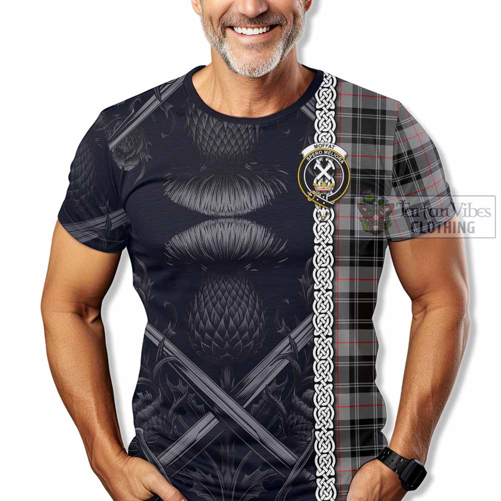 Tartan Vibes Clothing Moffat Tartan T-Shirt with Family Crest Cross Sword Thistle Celtic Vibes