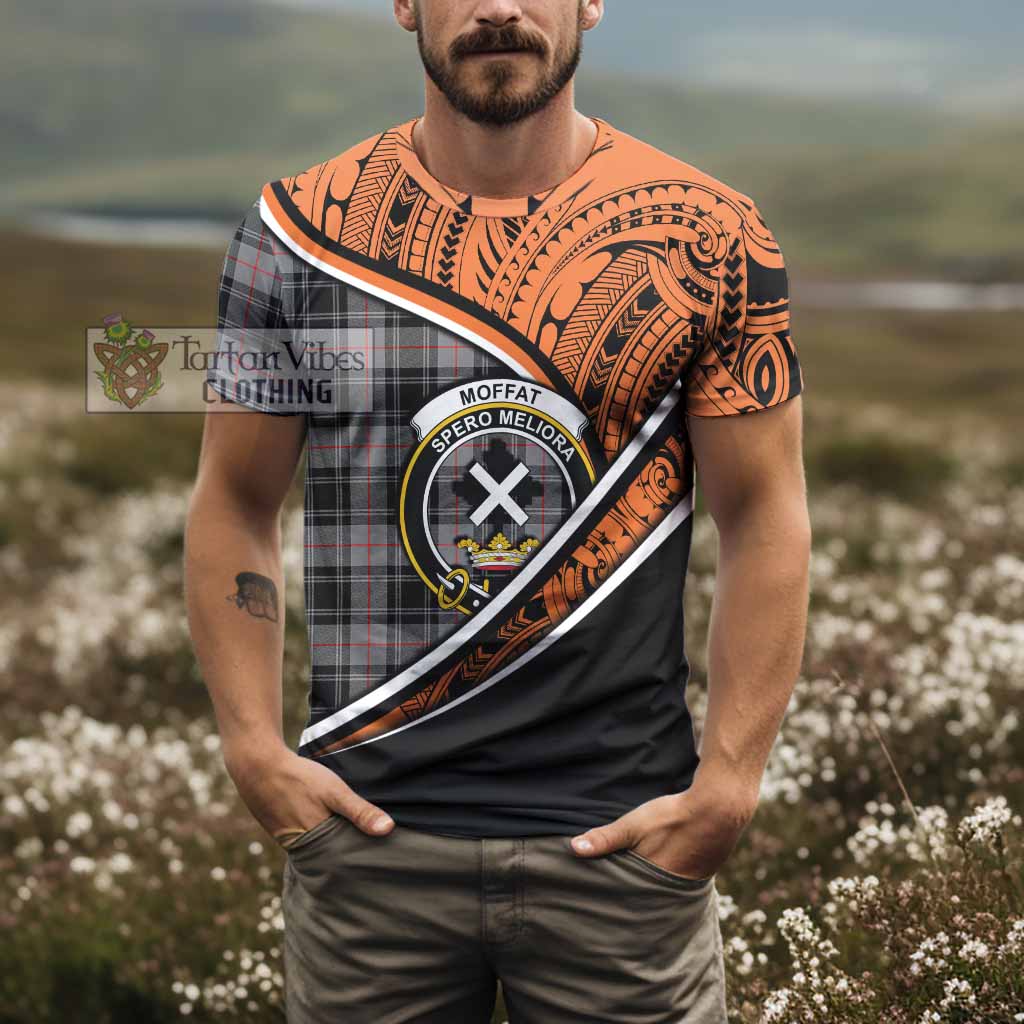 Tartan Vibes Clothing Moffat Crest Tartan T-Shirt with Maori Tattoo Style - Orange Version