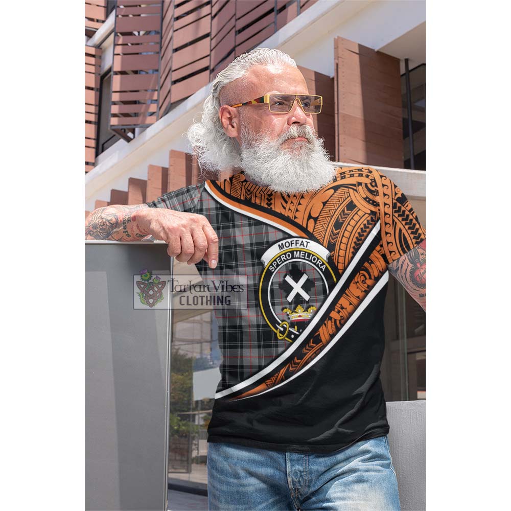 Tartan Vibes Clothing Moffat Crest Tartan Cotton T-shirt with Maori Tattoo Style - Orange Version