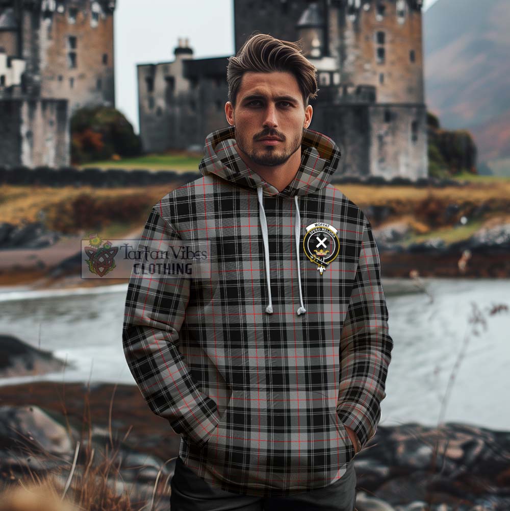 Tartan Vibes Clothing Moffat Tartan Cotton Hoodie with Family Crest and Bearded Skull Holding Bottles of Whiskey