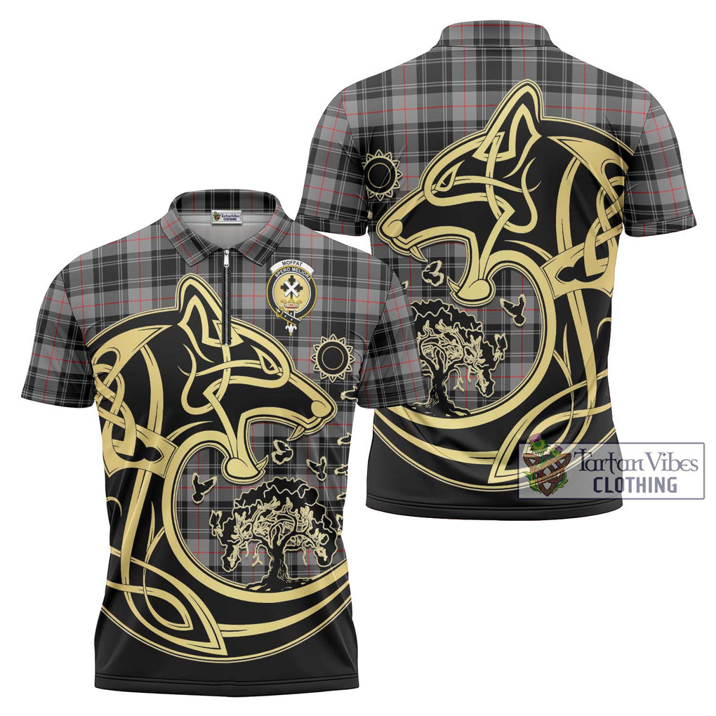 Moffat Tartan Zipper Polo Shirt with Family Crest Celtic Wolf Style Unisex - Tartanvibesclothing Shop